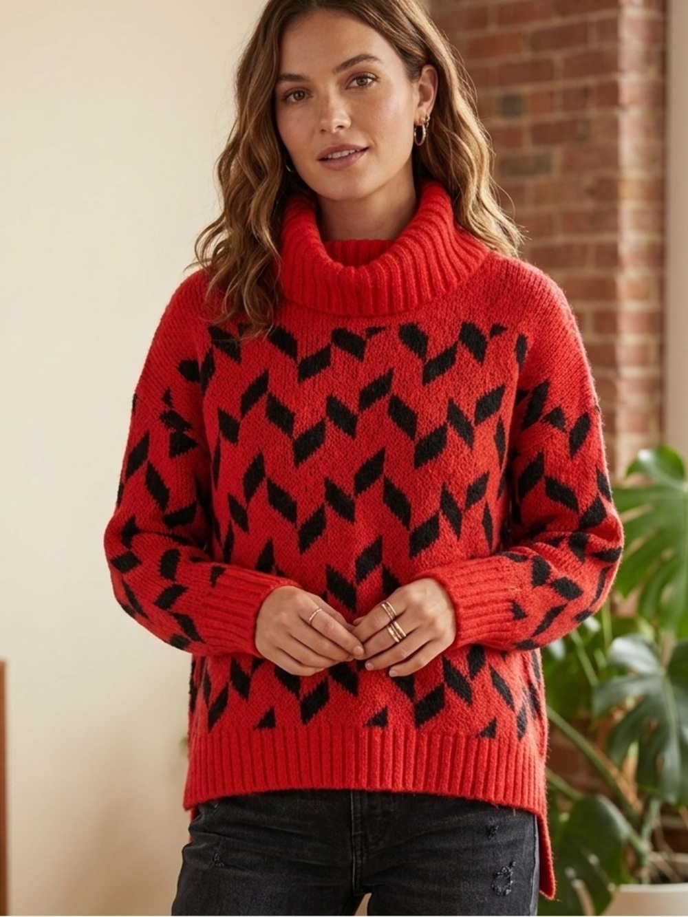 Essentiel ANTWERP Sz S Mohair Blend Red Black Chevron Knit Turtleneck Sweater